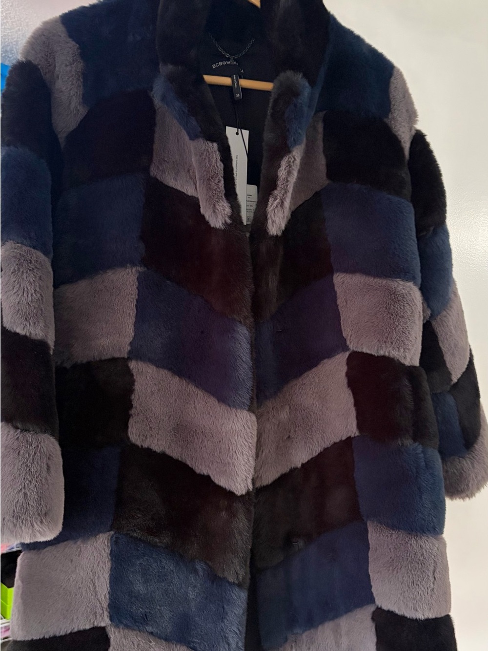 Fall2021 collection brand new BCBG Faux Fur Patchwork Coat in Navy, Gray & Black